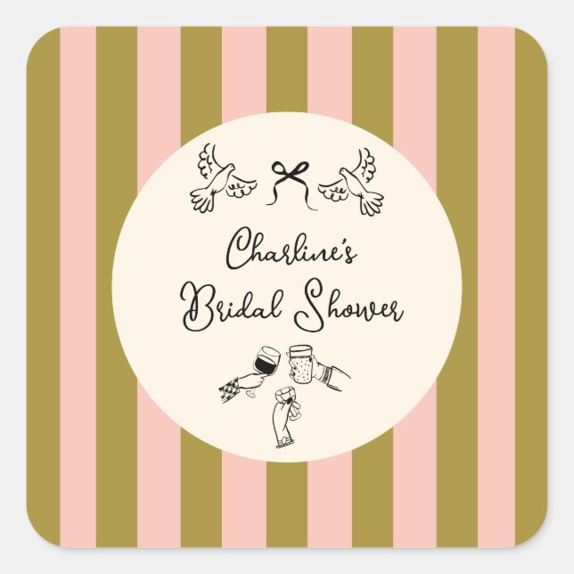 Green Pink Striped Cute illustrated Bridal Shower Square Sticker (Front)