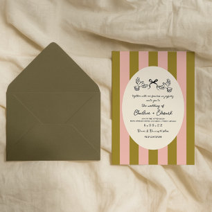Green Pink Striped Hand drawn Wedding Invitation