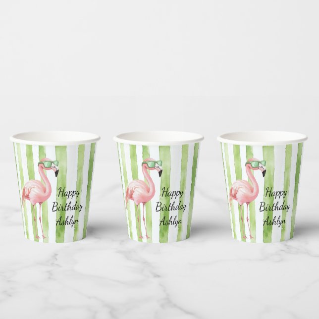 Green Pink Stripes Flamingo Birthday Paper Cups (Multi)