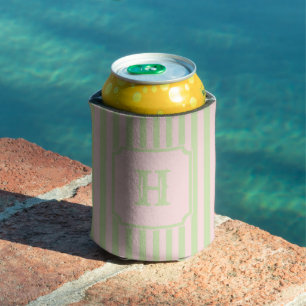 Green & Pink Stripes Monogram Nautical Sailing Can Cooler