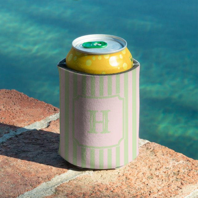 Green & Pink Stripes Monogram Nautical Sailing Can Cooler (In Situ Pool)