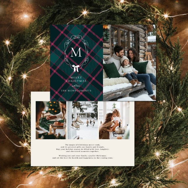 Green & Pink Tartan | Coquette Bow Monogram  Holiday Card (Creator Uploaded)