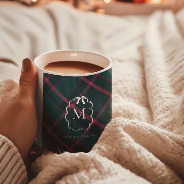 Green & Pink Tartan | Custom Monogram 2 Photo Coffee Mug (Creator Uploaded)