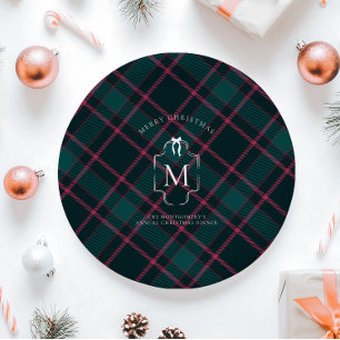 Green & Pink Tartan   Custom Monogram Christmas Paper Plate