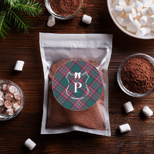 Green & Pink Tartan   Custom Monogram Holiday Classic Round Sticker