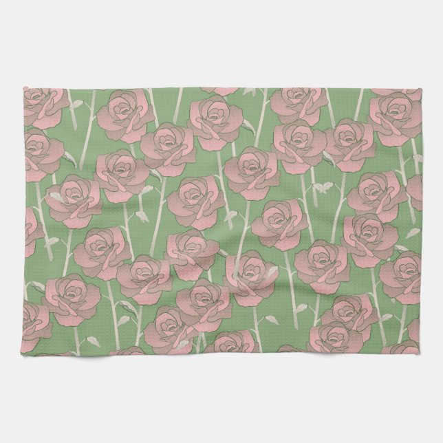 Green Pink Tropical Botanical Spring Summer Tea Towel (Horizontal)