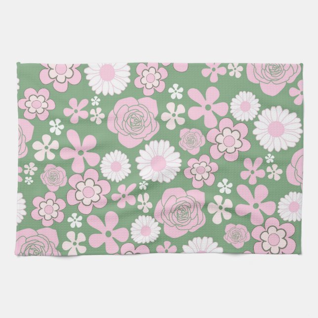Green Pink Tropical Floral Botanical Spring Summer Tea Towel (Horizontal)