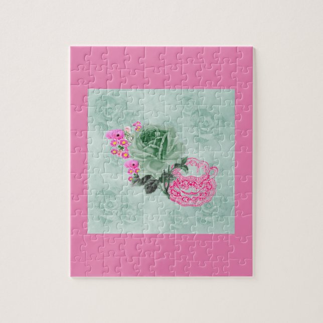 Green & Pink Vintage Teacup & Roses Jigsaw Puzzle (Vertical)