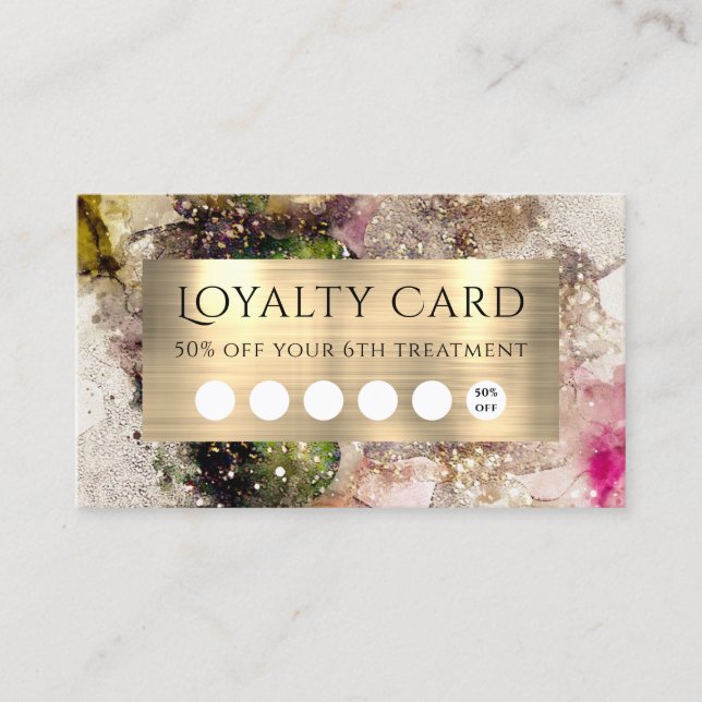 Green Pink Watercolor and Gold Foil Loyalty Card (Front)