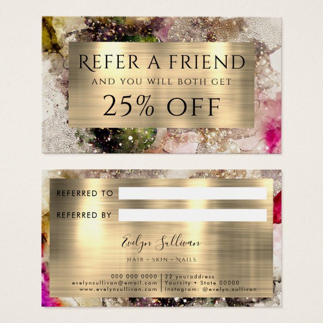 Green Pink Watercolor and Gold Foil Referral Card (Front & Back)