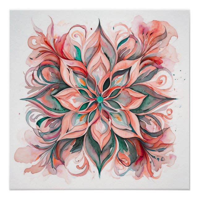 Green & Pink Watercolor Floral boho Mandala Poster (Front)