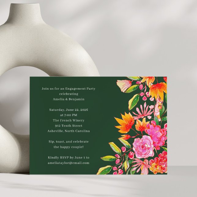 Green Pink Watercolor Floral Engagement Party Invitation (Creator Uploaded)