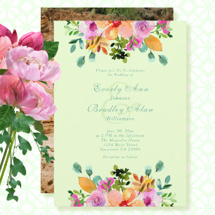 Green Pink Watercolor Floral Romantic Wedding   Invitation
