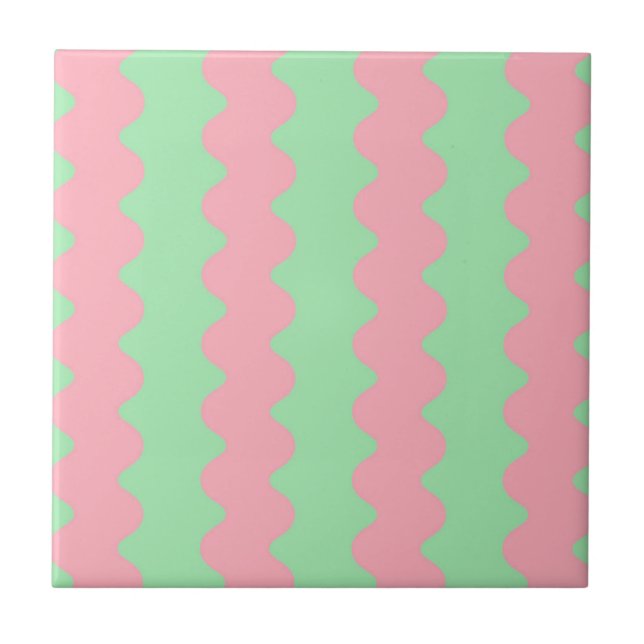 Green Pink Wavy Stripe Minimalist Modern Accent Tile (Front)