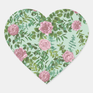 Green & Pink Wedding Pastel Light Floral Heart Sticker
