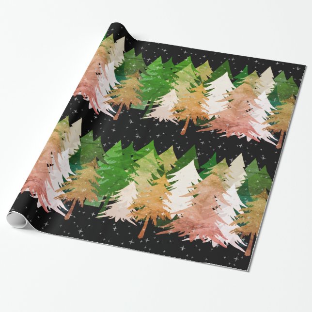 Green Pink White Christmas Trees Stars Snow Black Wrapping Paper (Unrolled)