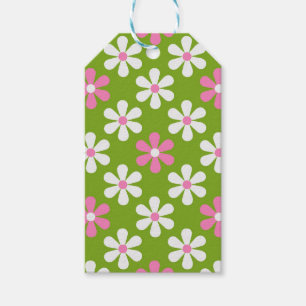 GREEN PINK WHITE DAISY FLOWERS GIFT TAGS