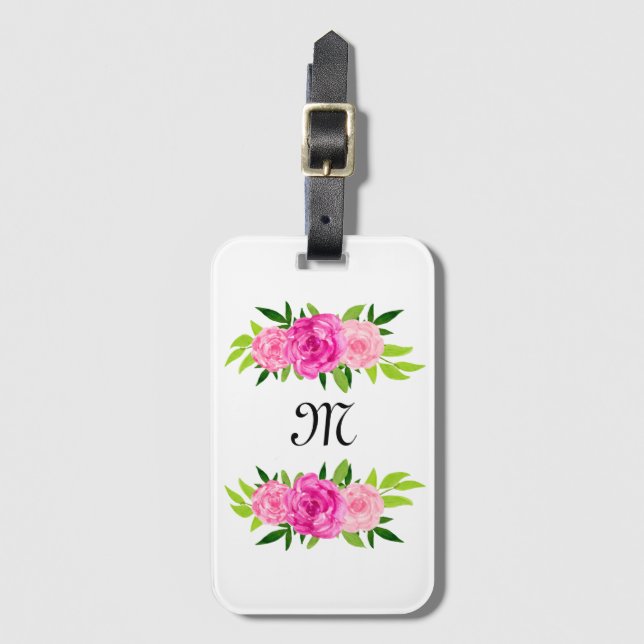 GREEN PINK WHITE FLORAL INITIAL LUGGAGE TAG (Front Vertical)