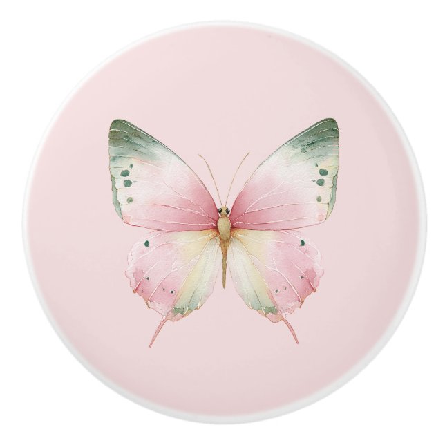 Green Pink White Mint Butterfly Ceramic Knob (Front)