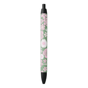 Green Pink White Retro Y2K 70s Flower Pattern Black Ink Pen