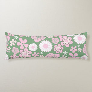 Green Pink White Retro Y2K 70s Flower Pattern Body Cushion
