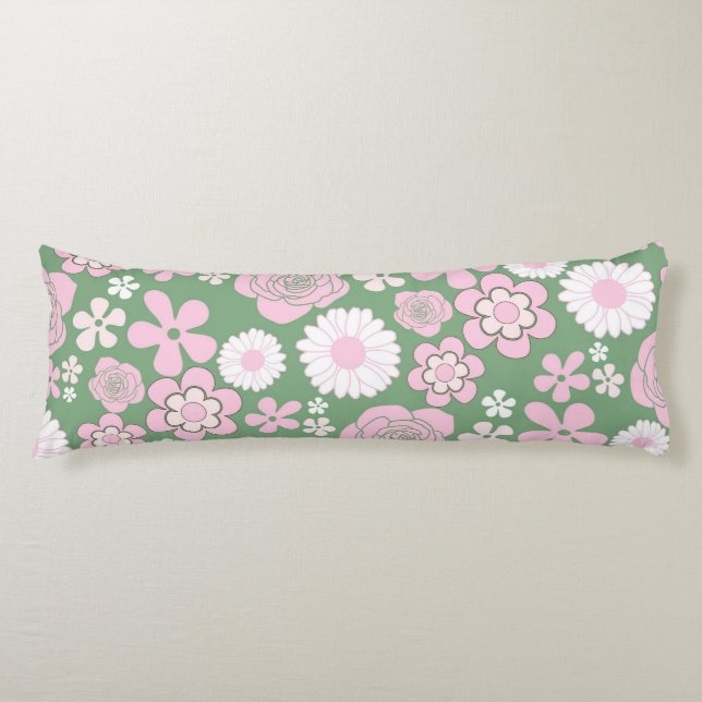 Green Pink White Retro Y2K 70s Flower Pattern Body Cushion (Front)