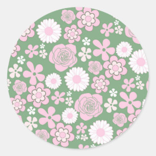 Green Pink White Retro Y2K 70s Flower Pattern Classic Round Sticker