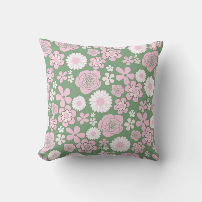 Green Pink White Retro Y2K 70s Flower Pattern Cushion (Front)