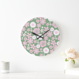 Green Pink White Retro Y2K 70s Flower Pattern Large Clock