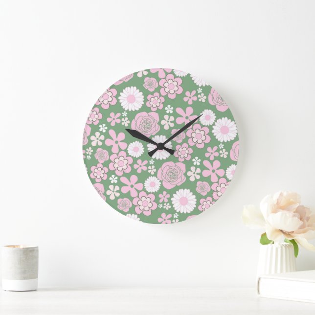 Green Pink White Retro Y2K 70s Flower Pattern Large Clock (Home)
