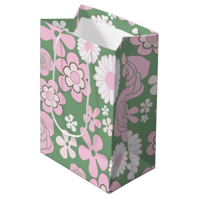 Green Pink White Retro Y2K 70s Flower Pattern Medium Gift Bag (Front Angled)