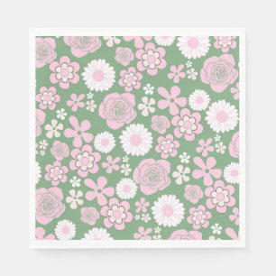 Green Pink White Retro Y2K 70s Flower Pattern Napkin