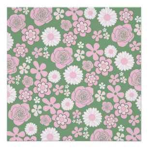 Green Pink White Retro Y2K 70s Flower Pattern Poster
