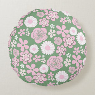 Green Pink White Retro Y2K 70s Flower Pattern Round Cushion