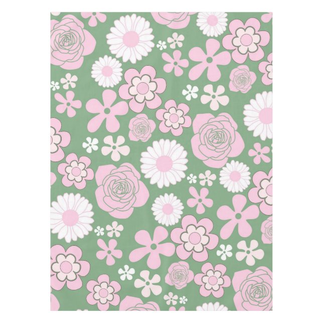 Green Pink White Retro Y2K 70s Flower Pattern Tablecloth (Front)
