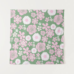 Green Pink White Retro Y2K 70s Flower Pattern Tapestry
