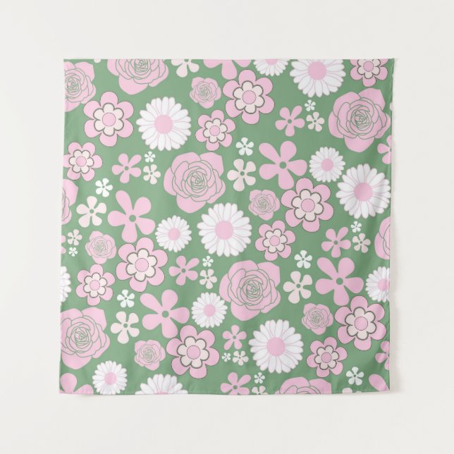 Green Pink White Retro Y2K 70s Flower Pattern Tapestry (Front)