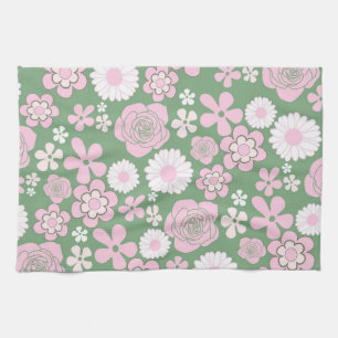 Green Pink White Retro Y2K 70s Flower Pattern Tea Towel
