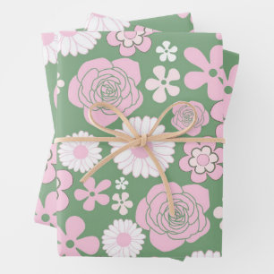 Green Pink White Retro Y2K 70s Flower Pattern Wrapping Paper Sheet
