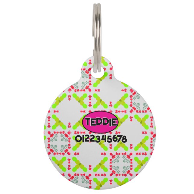 Green Pink Yellow Pet Tag with Name & Number (Front)