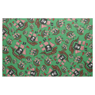 Green pirate ship pattern fabric
