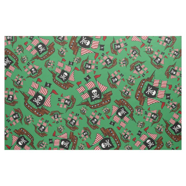 Green pirate ship pattern fabric (Yard)