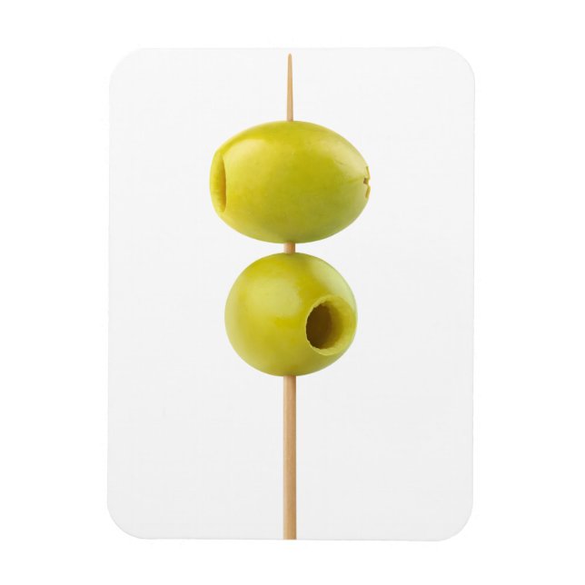 Green pitted olives on a skewer magnet (Vertical)