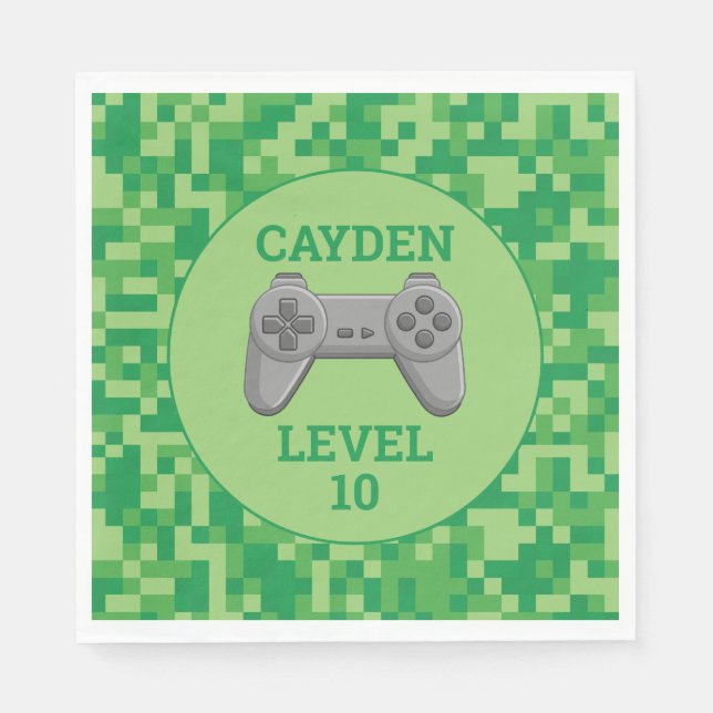 Green Pixelated level up Video Game Birthday Party Napkin (Front)