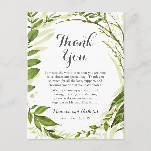 Green Place Setting Thank You Card Rustic Greenery (Front)