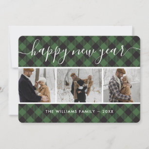 Green Plaid 3 Photo Collage Happy New Year Card