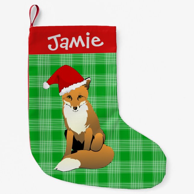 Green Plaid and Fox Small Christmas Stocking (Front)