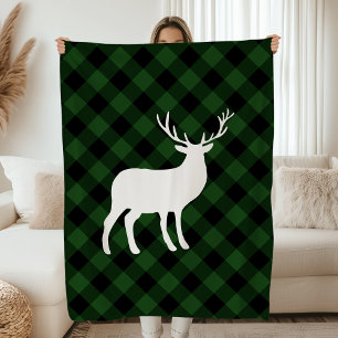 Green Plaid and White Stag   Holiday Fleece Blanket