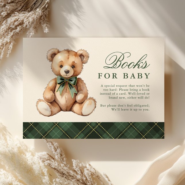 Green Plaid Bear Baby Shower Books For Baby Enclosure Card (Creator Uploaded)