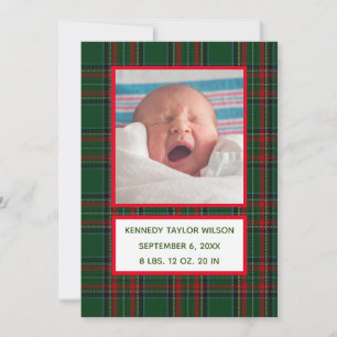 Green Plaid Birth Announcement Card